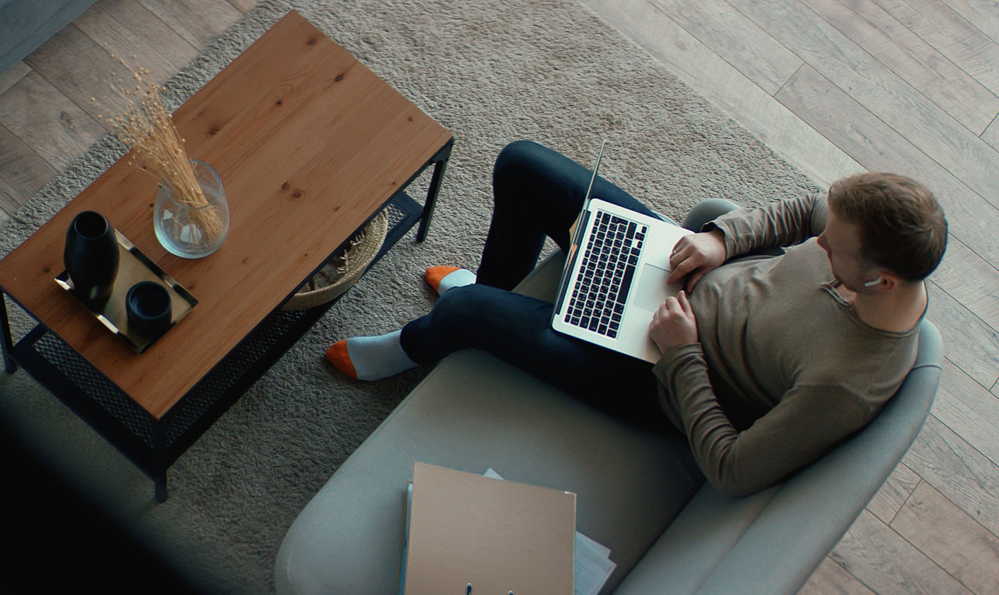 male remote working from home, having work conference video call. Stay home, quarantine remote work